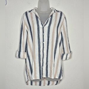 Tahari Linen Blend Neutral Striped Button Down Long Sleeved Relaxed Fit Blouse S